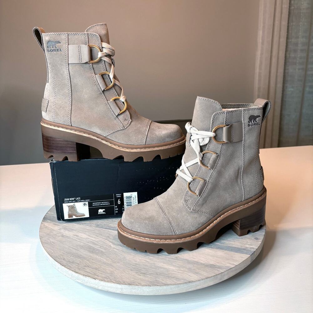 Sorel Joan Now Lace Waterproof Boots Omega Taupe Gum 2 Women's Size 6 NIB
